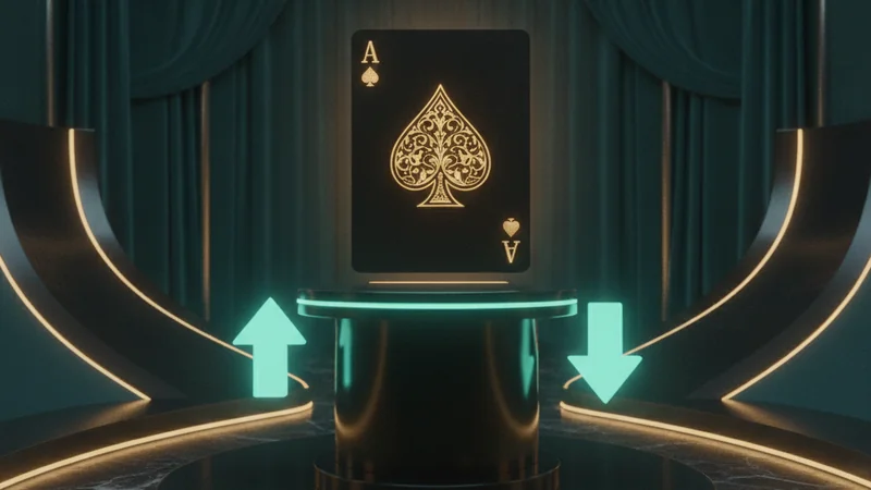Tall playing card on a podium flanked by glowing higher and lower arrows in a teal online casino studio.