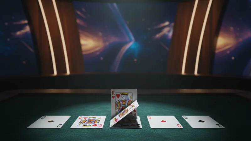 Four face-down playing cards on dark felt with one reveal under a spotlight in a live online casino studio.